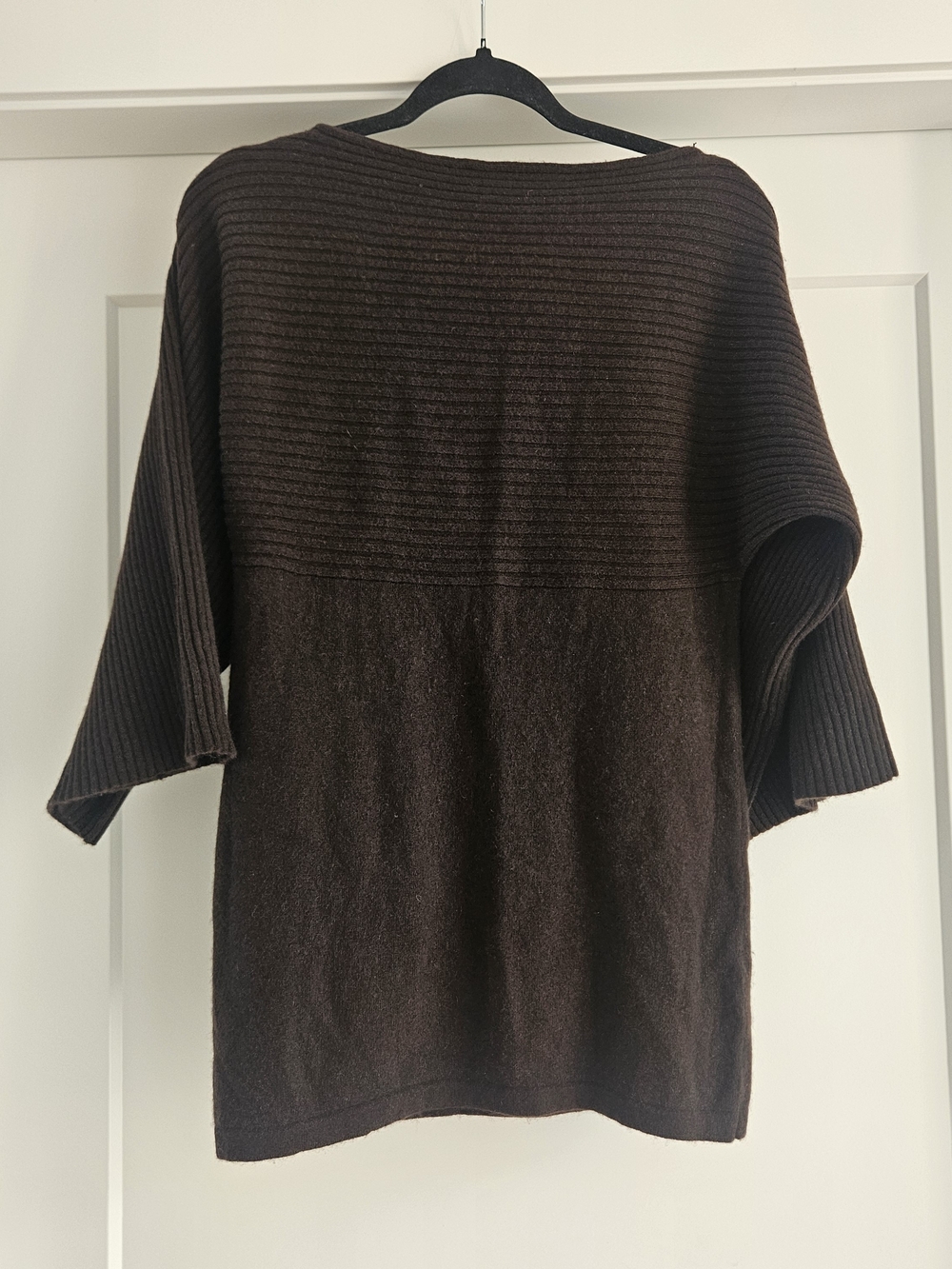 Anne Klein 100% Cashmere Brown Ribbed-Knit Boatneck Sweater Dolman Sleeves Sz L